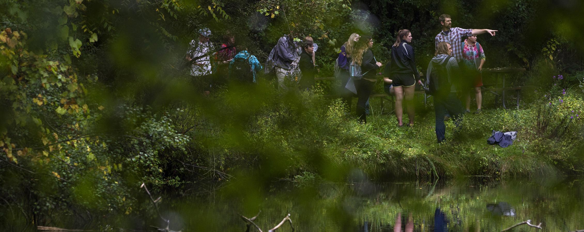 Students and a faculty member walk through a forest with a small body of water.