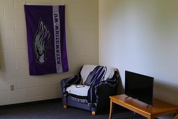 A living room with a table, a tv, an armchair and a flag inside of it.