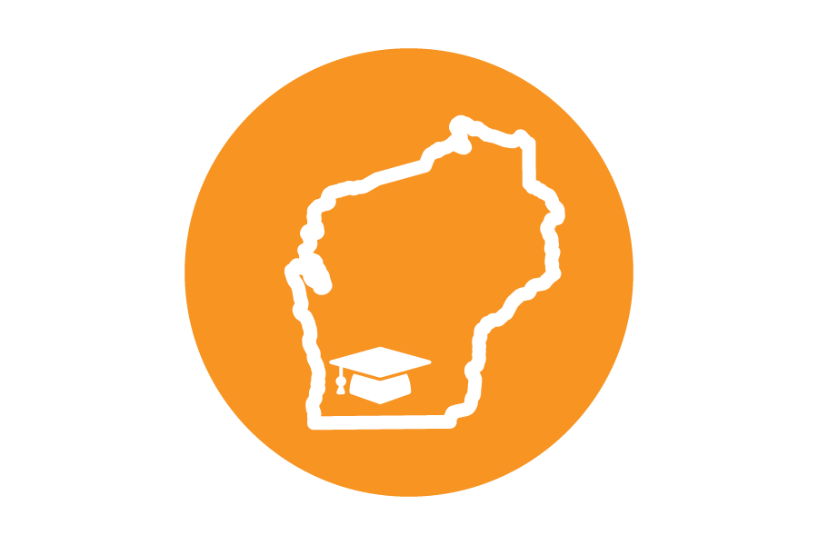 Orange icon with a white outline of Wisconsin and a graduation cap 