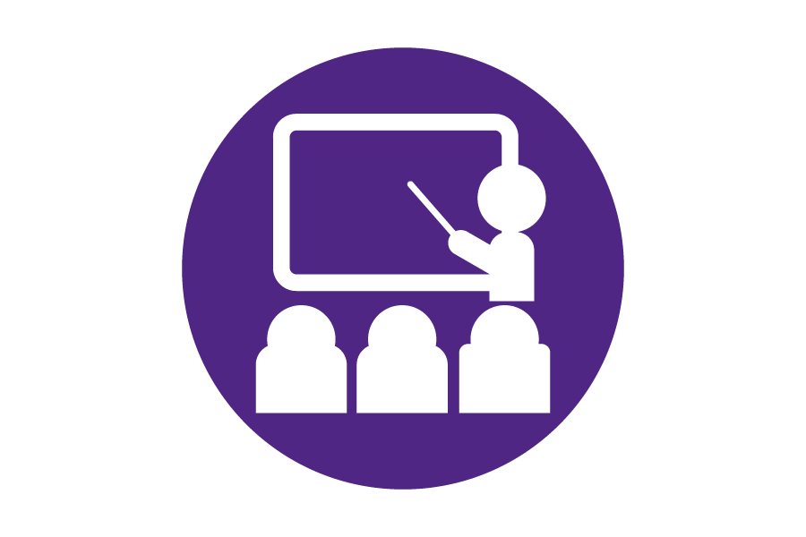 Purple icon with people at a whiteboard.